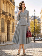 Vintage Grey Blazer & Midi Swing Skirt Two‑Piece Set