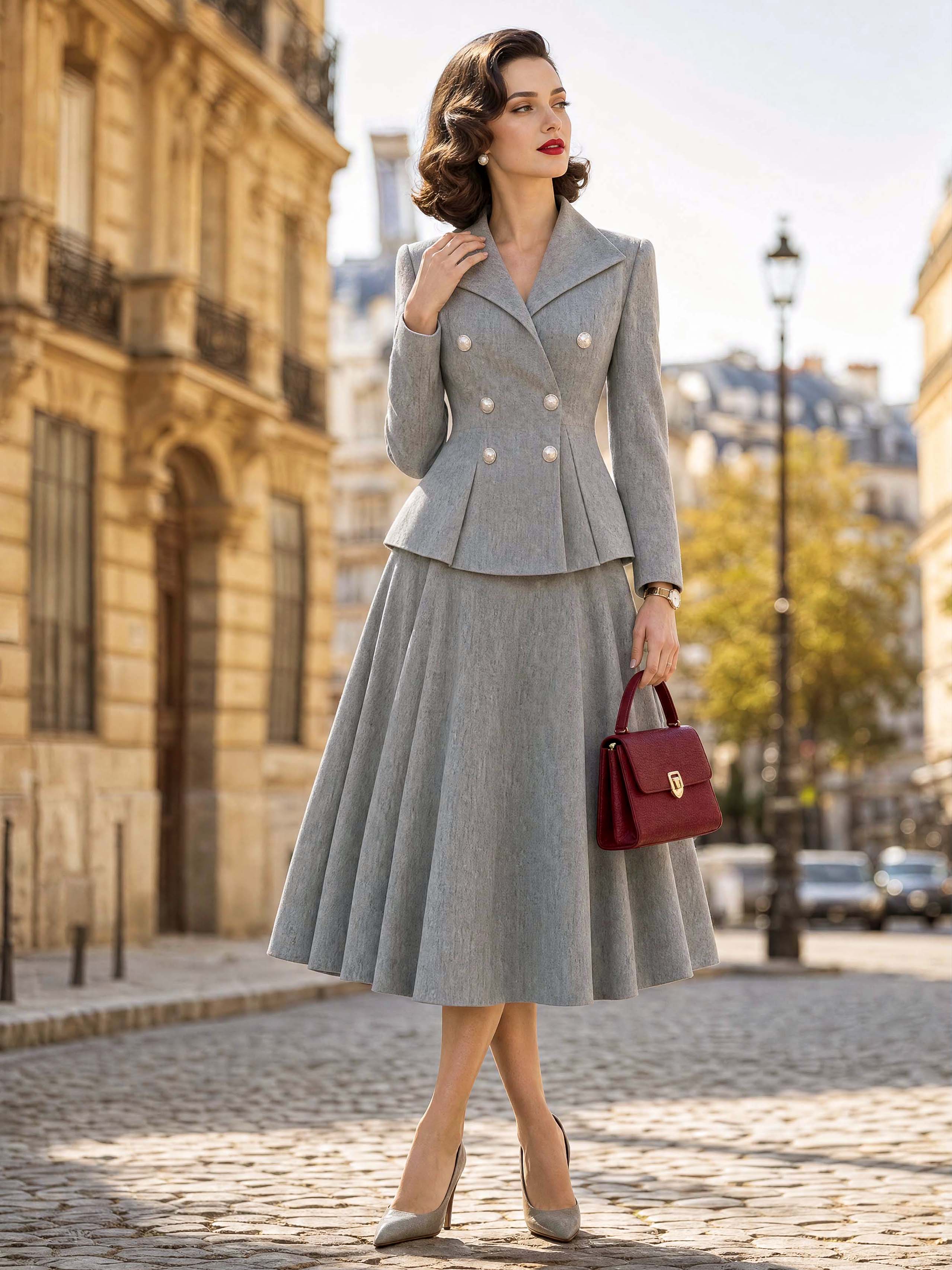 Vintage Grey Blazer & Midi Swing Skirt Two‑Piece Set