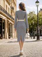 Houndstooth Color Block Square Neck Midi Dress