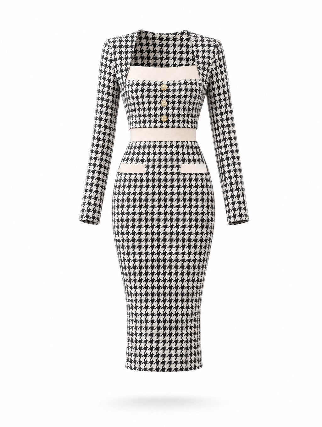 Houndstooth Color Block Square Neck Midi Dress