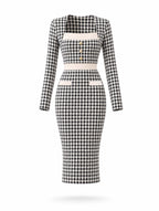 Houndstooth Color Block Square Neck Midi Dress