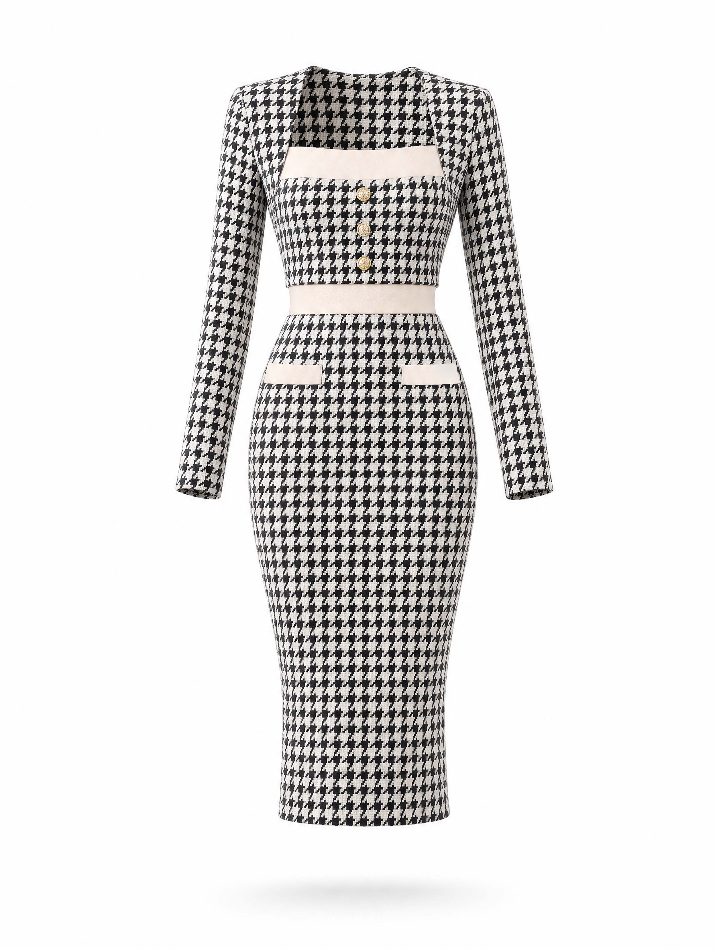 Houndstooth Color Block Square Neck Midi Dress