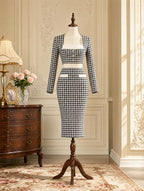 Houndstooth Color Block Square Neck Midi Dress