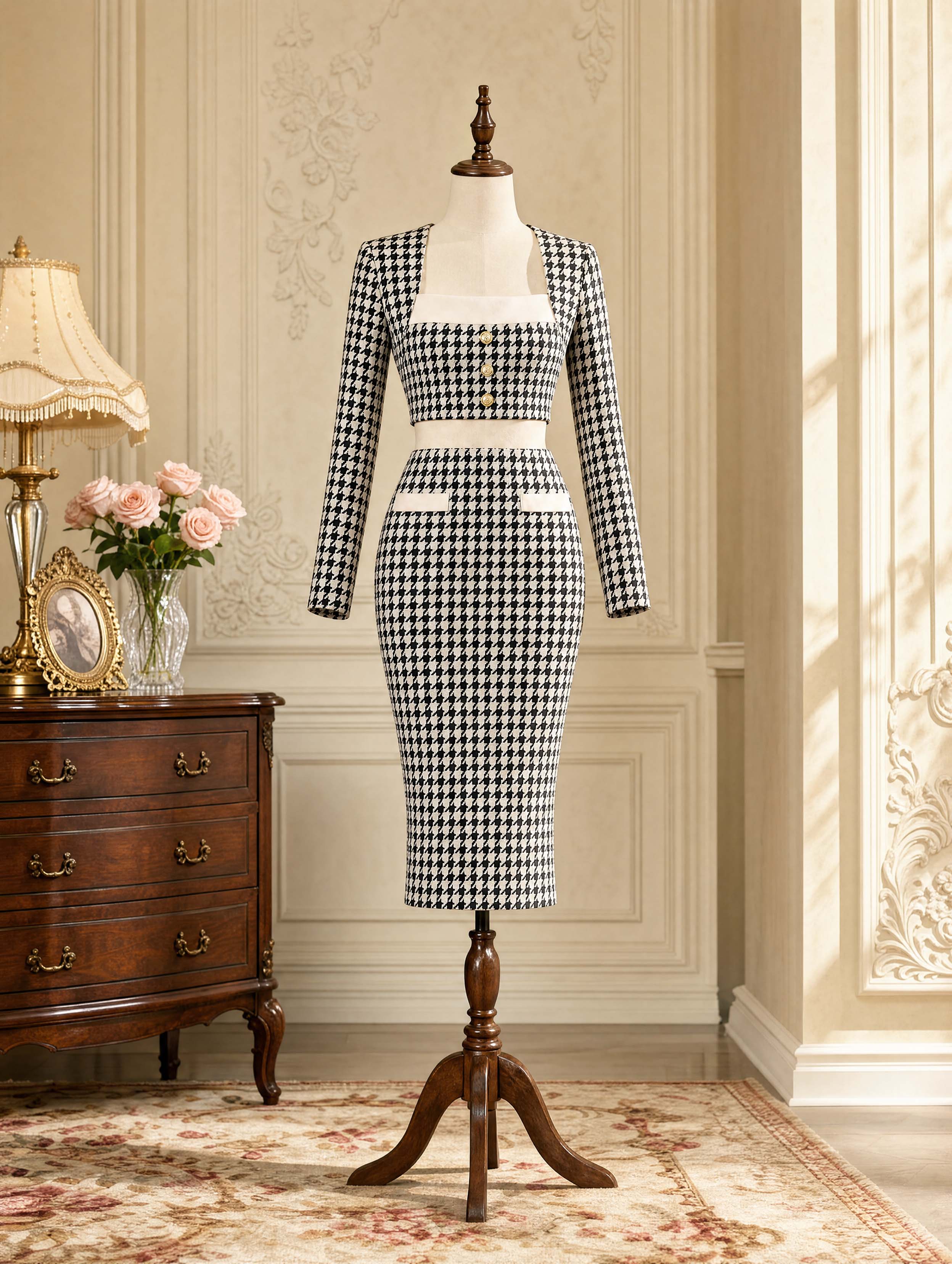 Houndstooth Color Block Square Neck Midi Dress