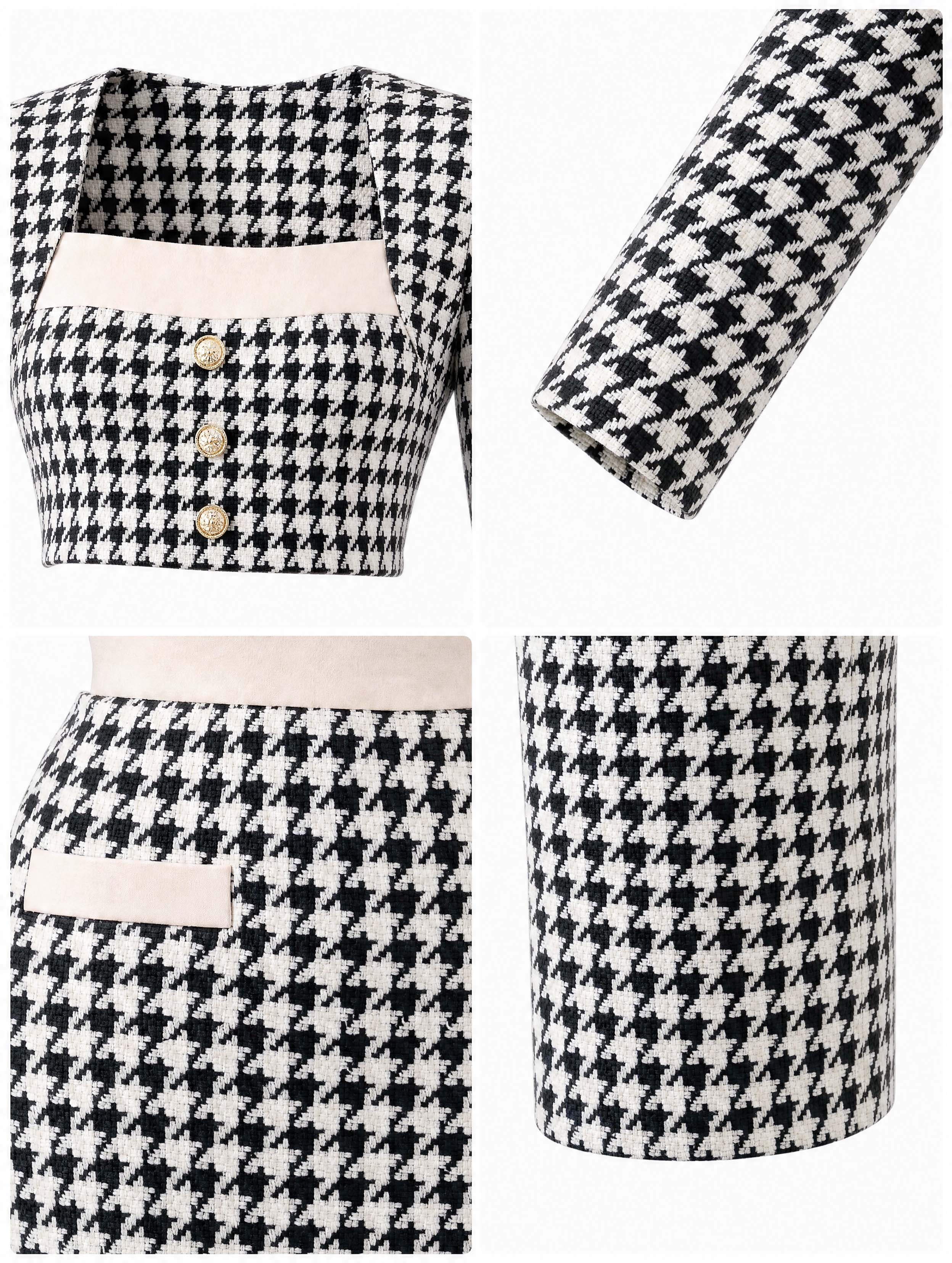 Houndstooth Color Block Square Neck Midi Dress