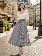 Vintage Striped High Waist Tie Belt Midi Skirt
