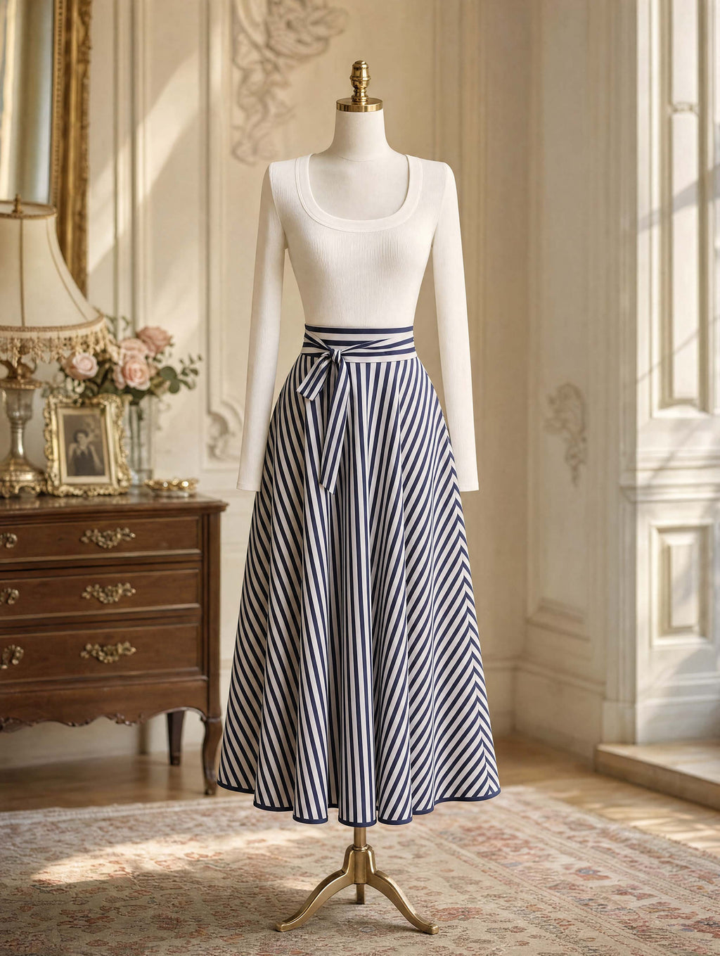 Vintage Striped High Waist Tie Belt Midi Skirt