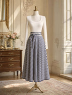 Vintage Striped High Waist Tie Belt Midi Skirt