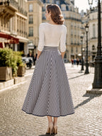 Vintage Striped High Waist Tie Belt Midi Skirt