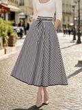 Vintage Striped High Waist Tie Belt Midi Skirt