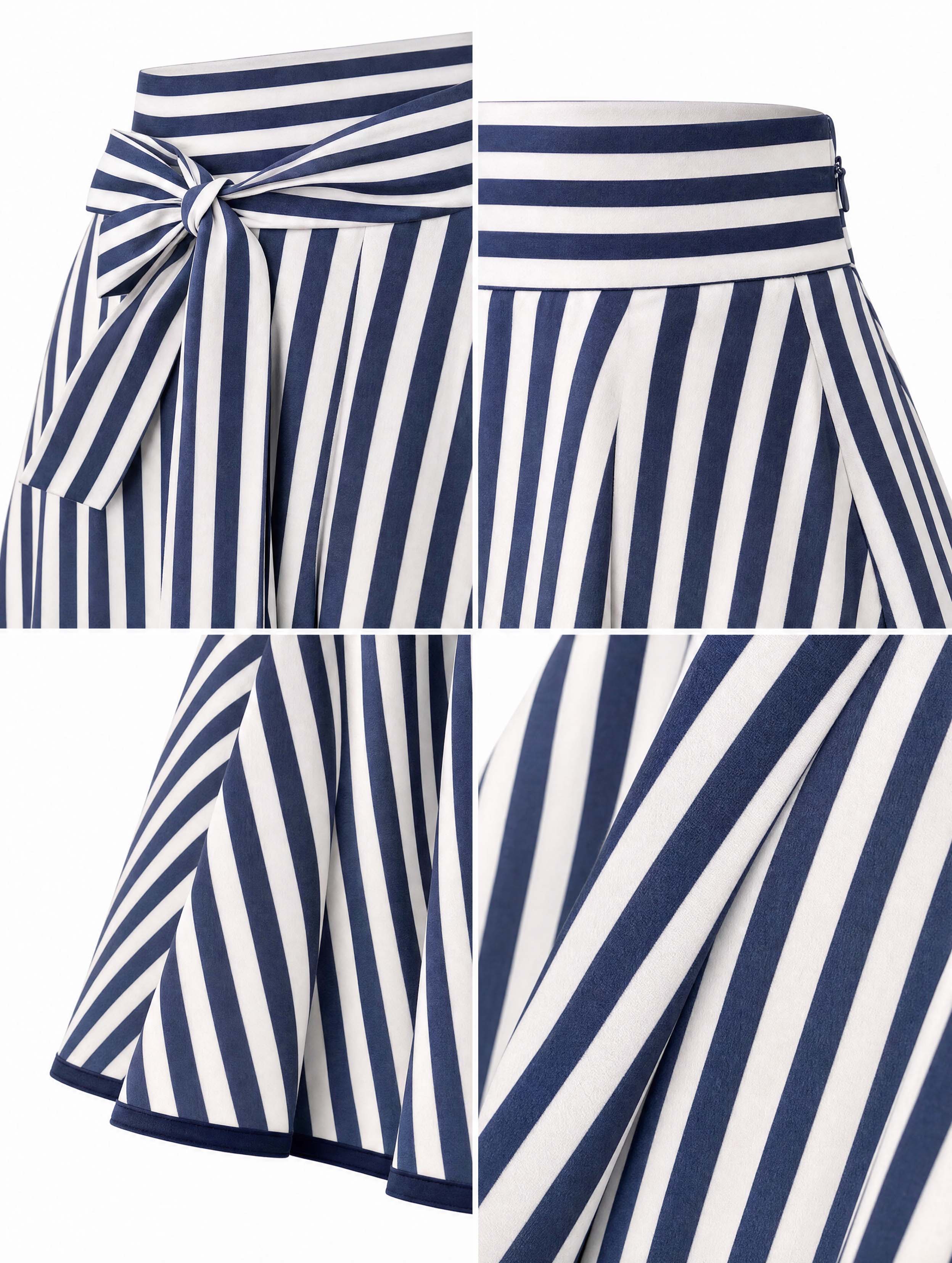 Vintage Striped High Waist Tie Belt Midi Skirt