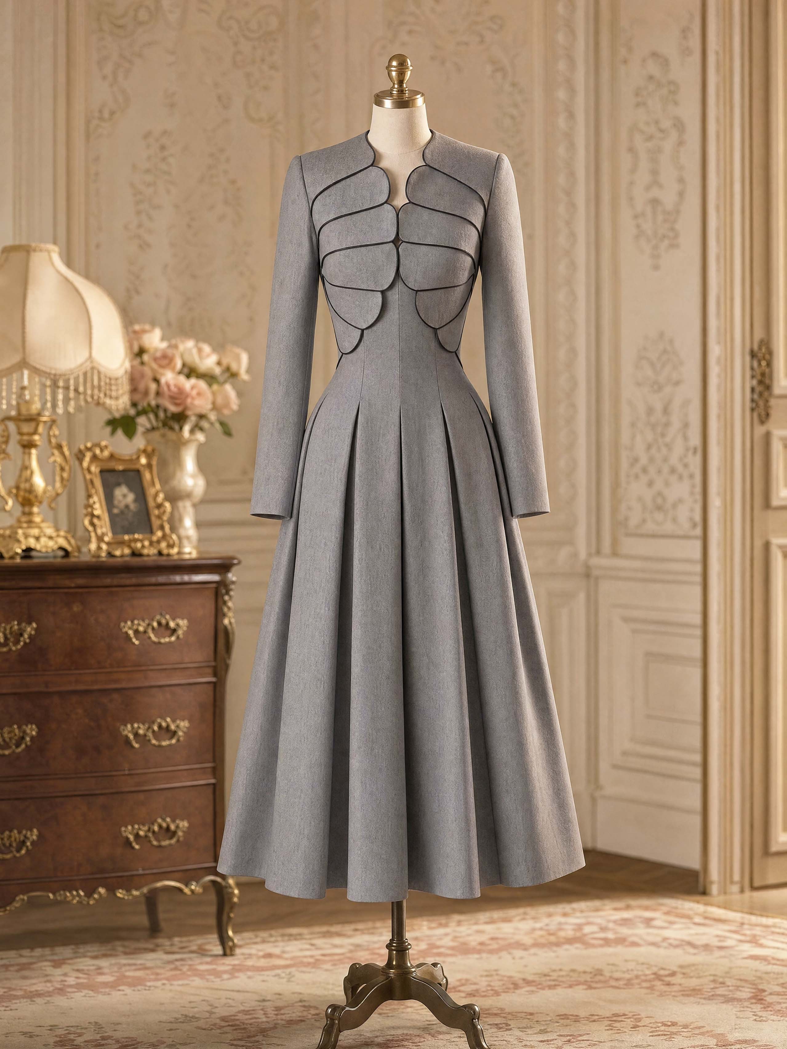 Vintage Petal Collar Pleated Midi Dress