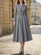 Vintage Petal Collar Pleated Midi Dress