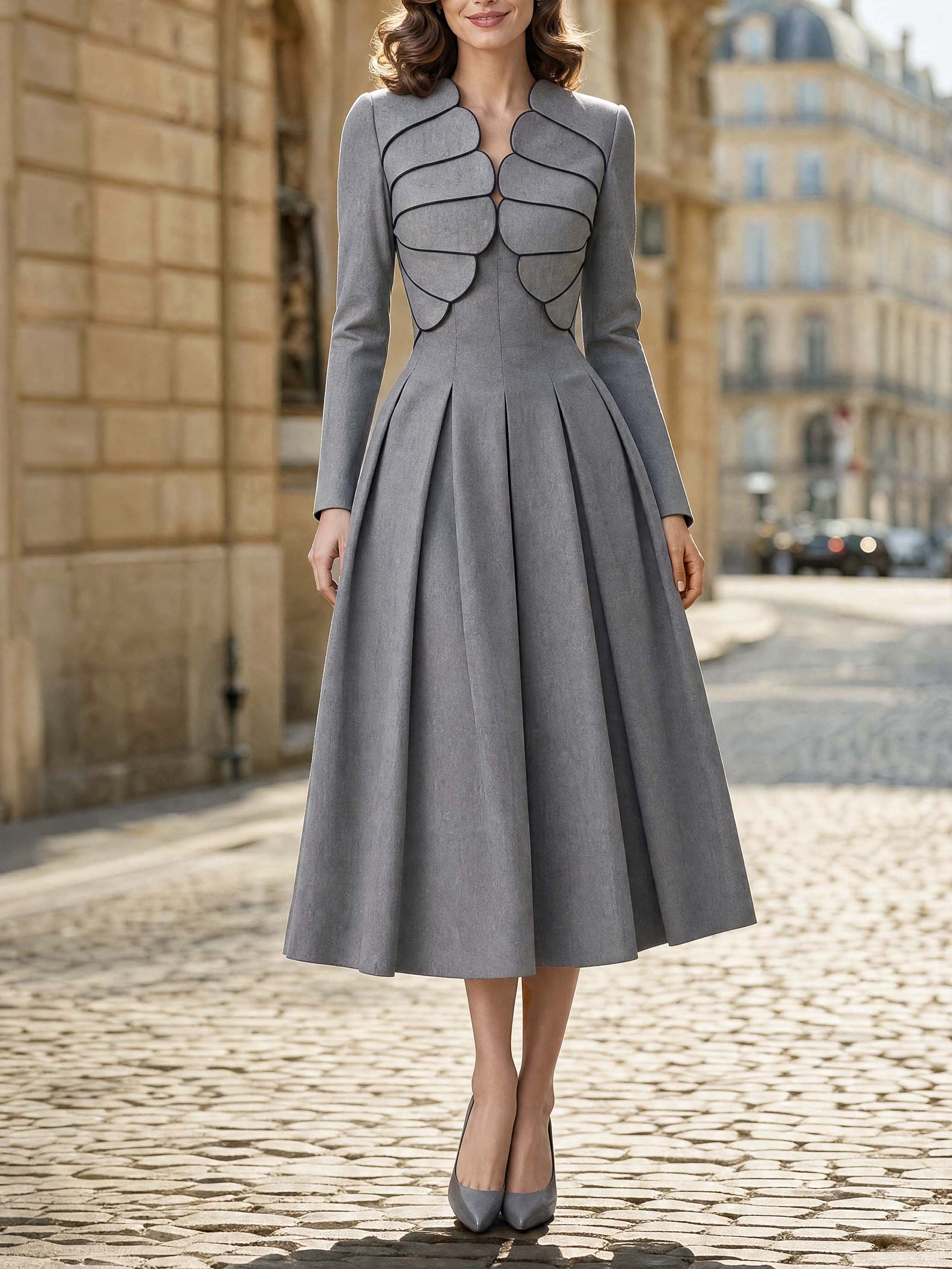 Vintage Petal Collar Pleated Midi Dress