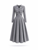 Vintage Petal Collar Pleated Midi Dress