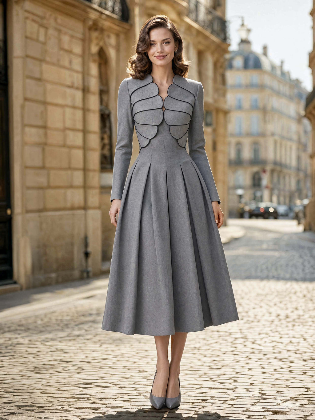 Vintage Petal Collar Pleated Midi Dress