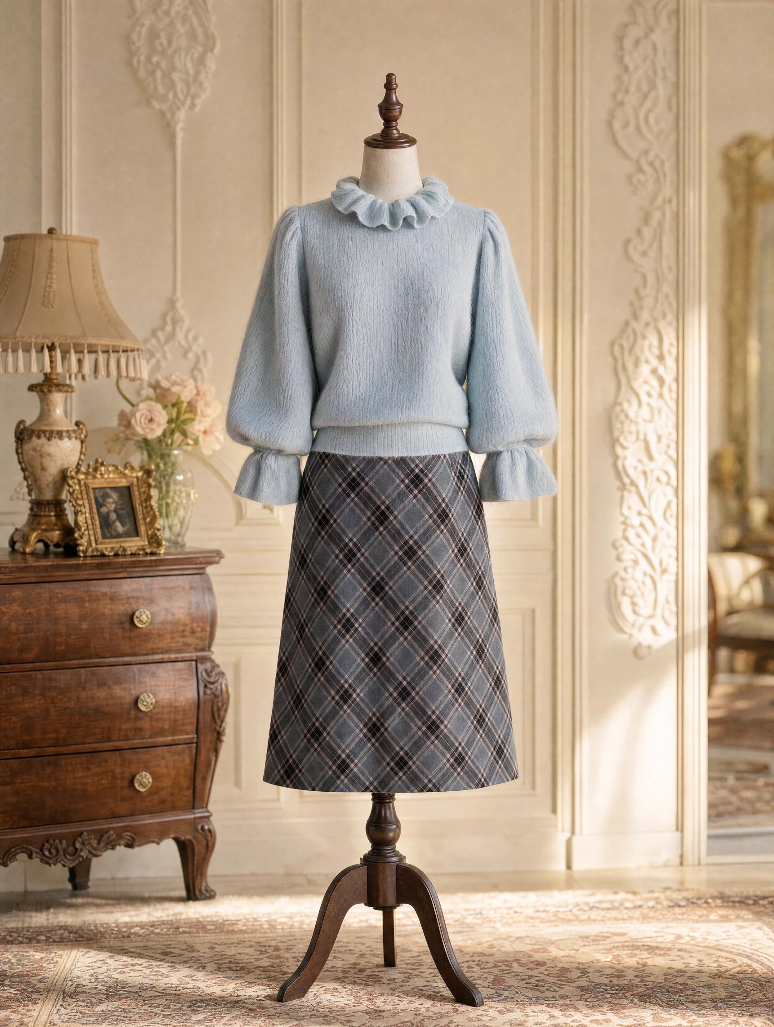 Vintage Ruffle Neck Fluffy Puff Sleeve Sweater