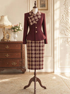 Vintage Plaid Collar Blazer Skirt Suit