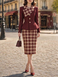 Vintage Plaid Collar Blazer Skirt Suit
