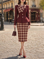 Vintage Plaid Collar Blazer Skirt Suit