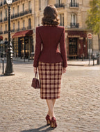 Vintage Plaid Collar Blazer Skirt Suit
