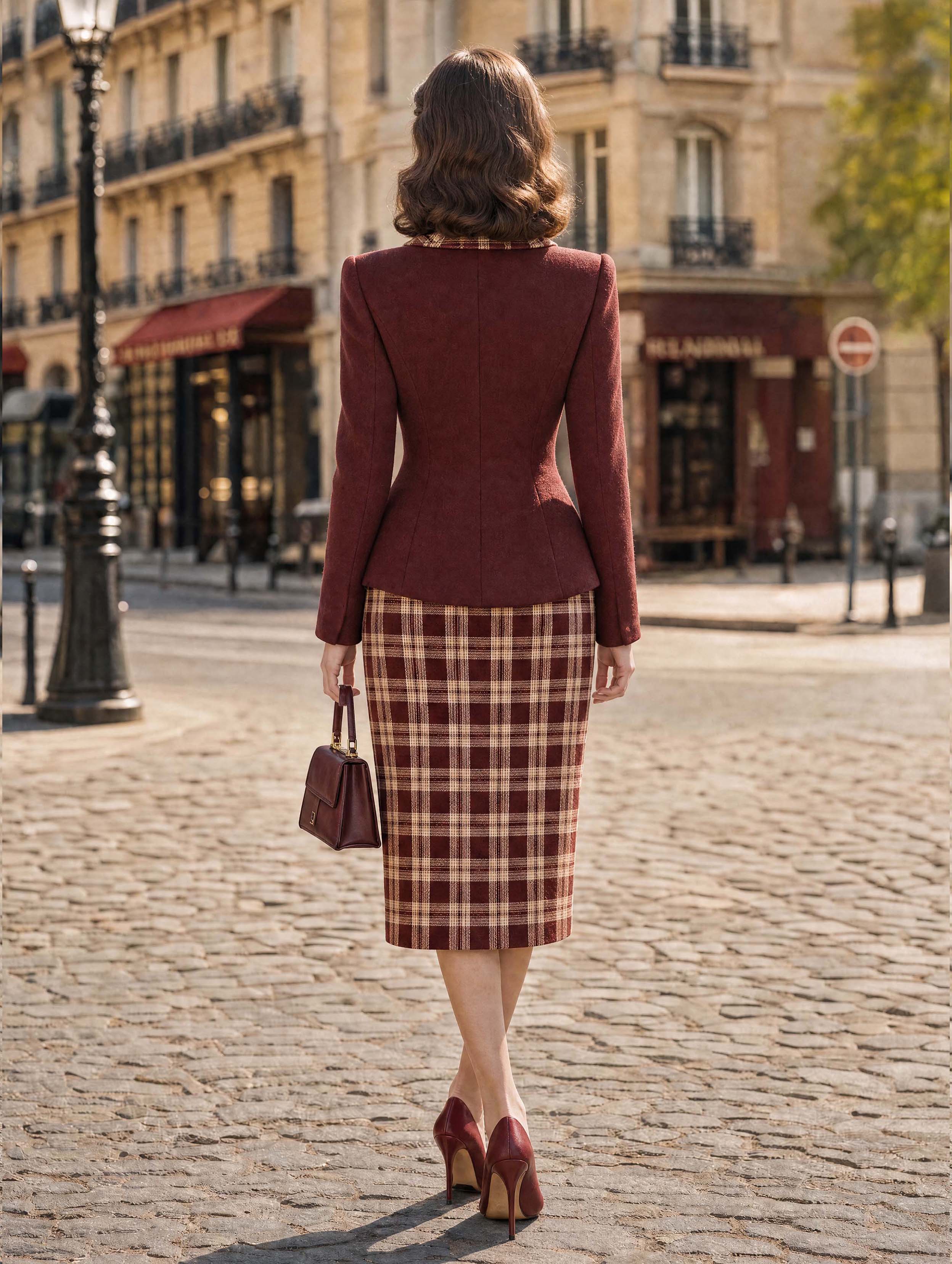 Vintage Plaid Collar Blazer Skirt Suit
