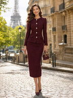 Vintage Tweed Pearl‑Button Skirt Suit