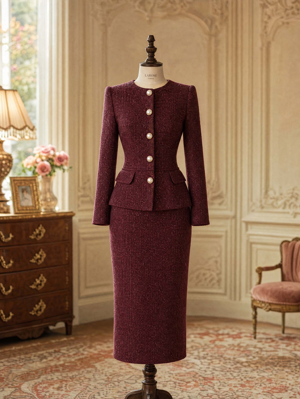 Vintage Tweed Pearl‑Button Skirt Suit