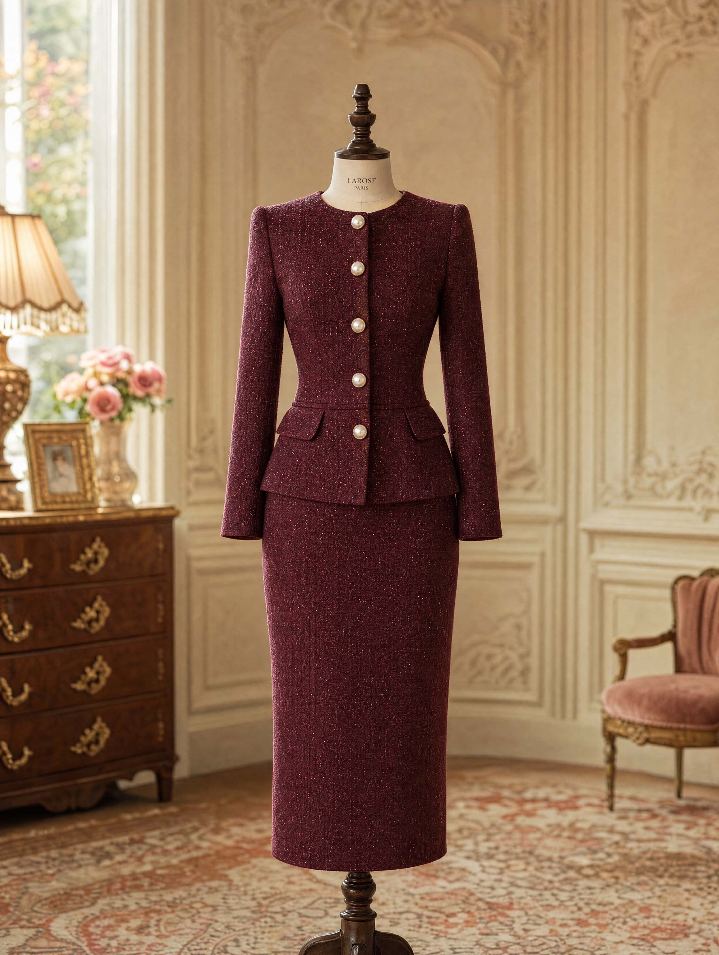 Vintage Tweed Pearl‑Button Skirt Suit