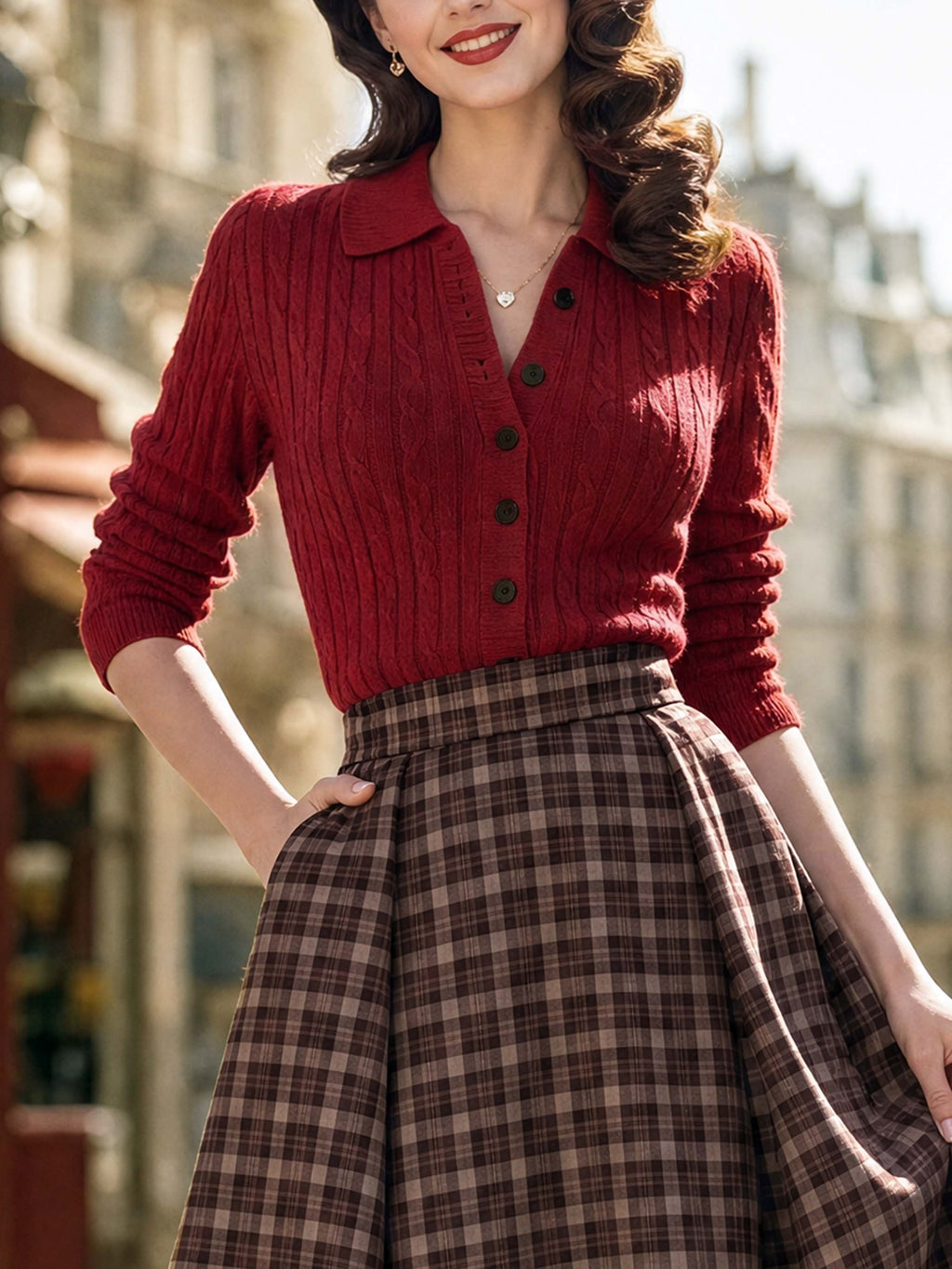 Vintage Polo Collar Cable Knit Cardigan Top