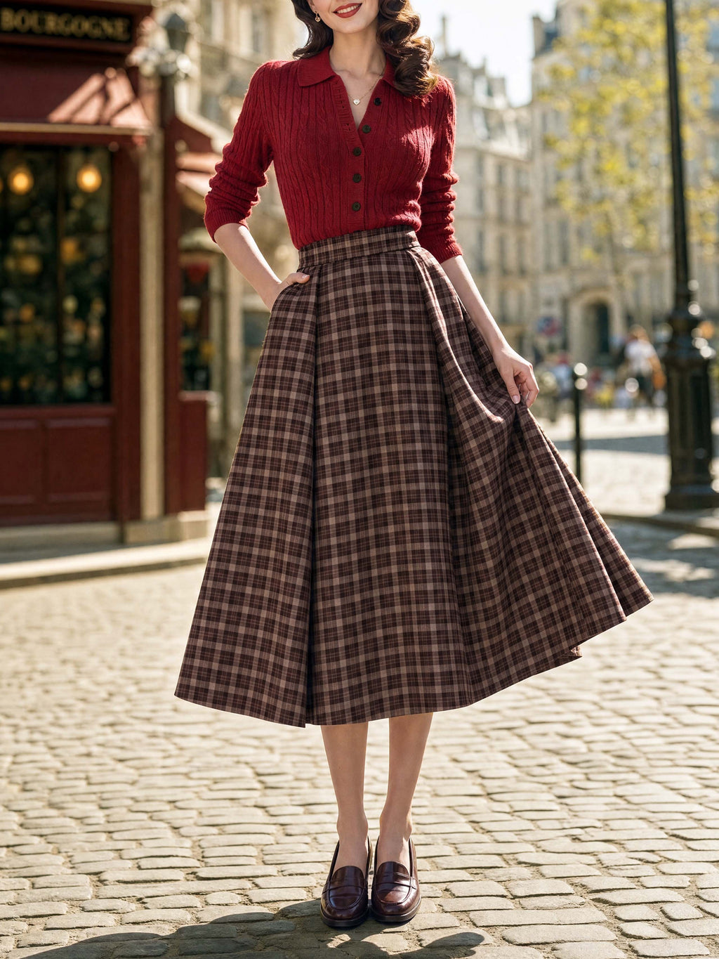 Vintage Plaid High Waist Swing Midi Skirt
