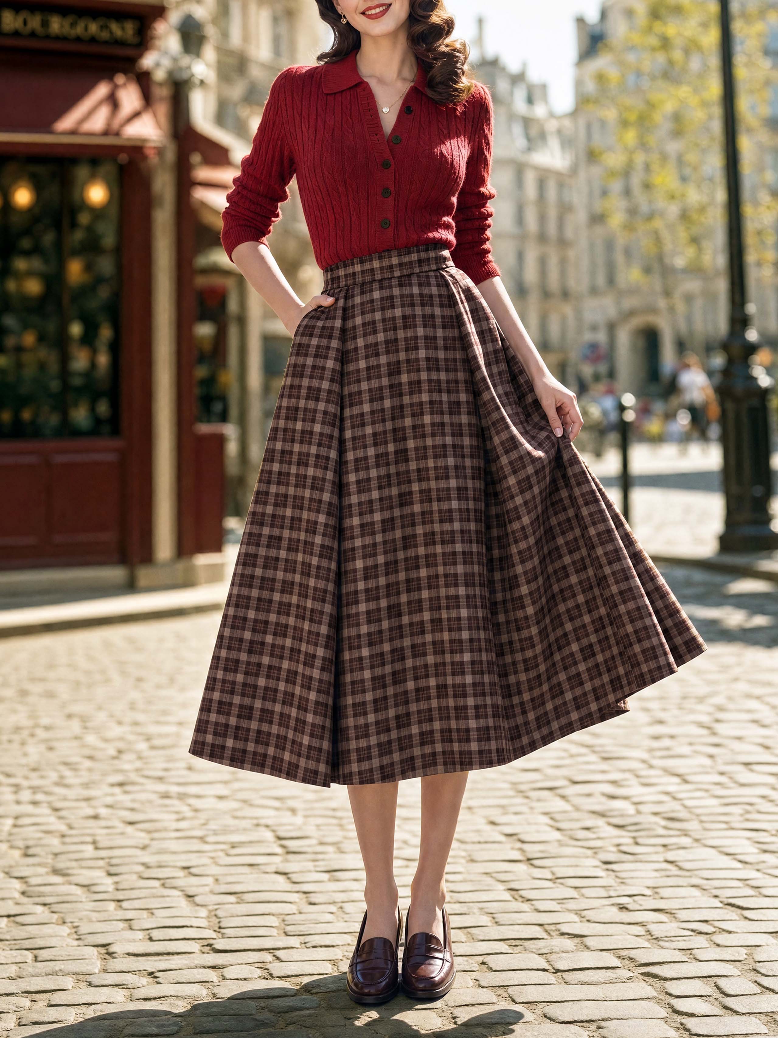 Vintage Plaid High Waist Swing Midi Skirt