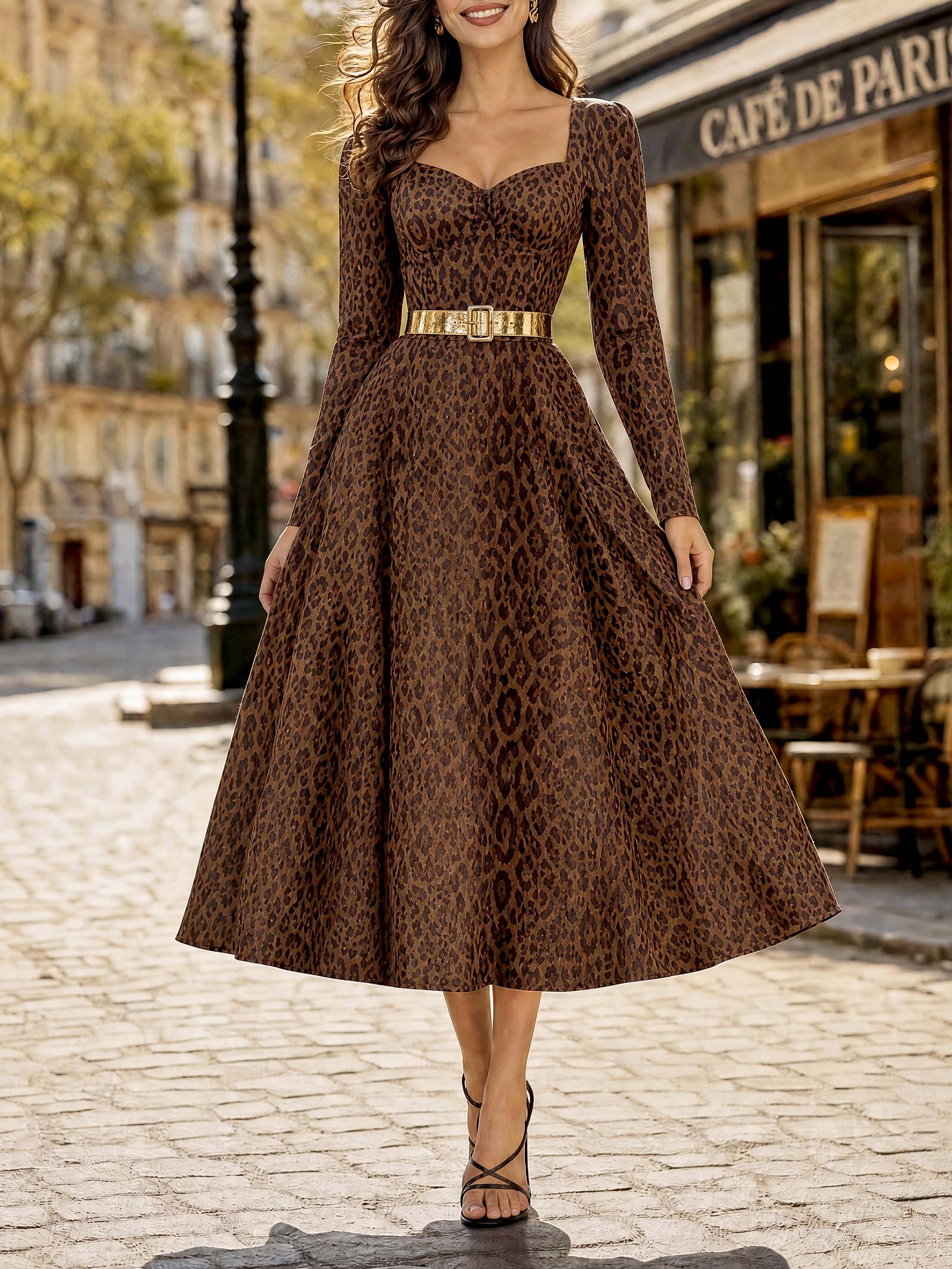 Vintage Leopard Square Neck Midi Dress