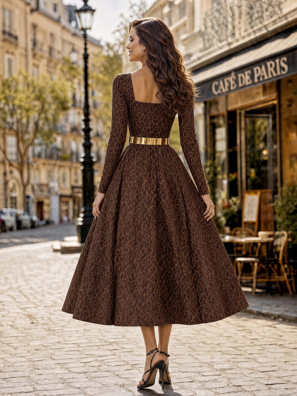 Vintage Leopard Square Neck Midi Dress