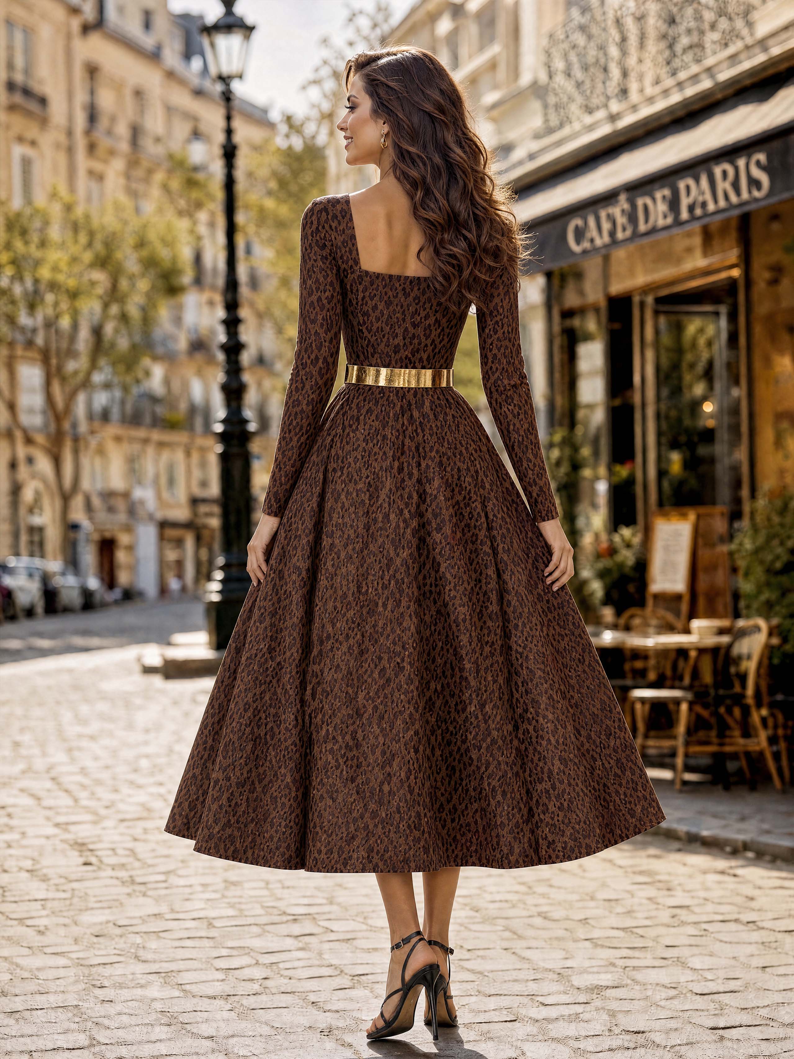 Vintage Leopard Square Neck Midi Dress