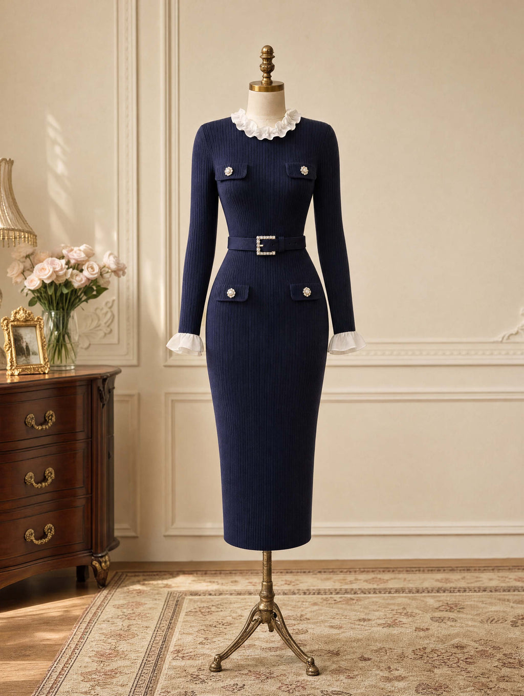 Vintage Faux Two‑Piece Knit Midi Dress