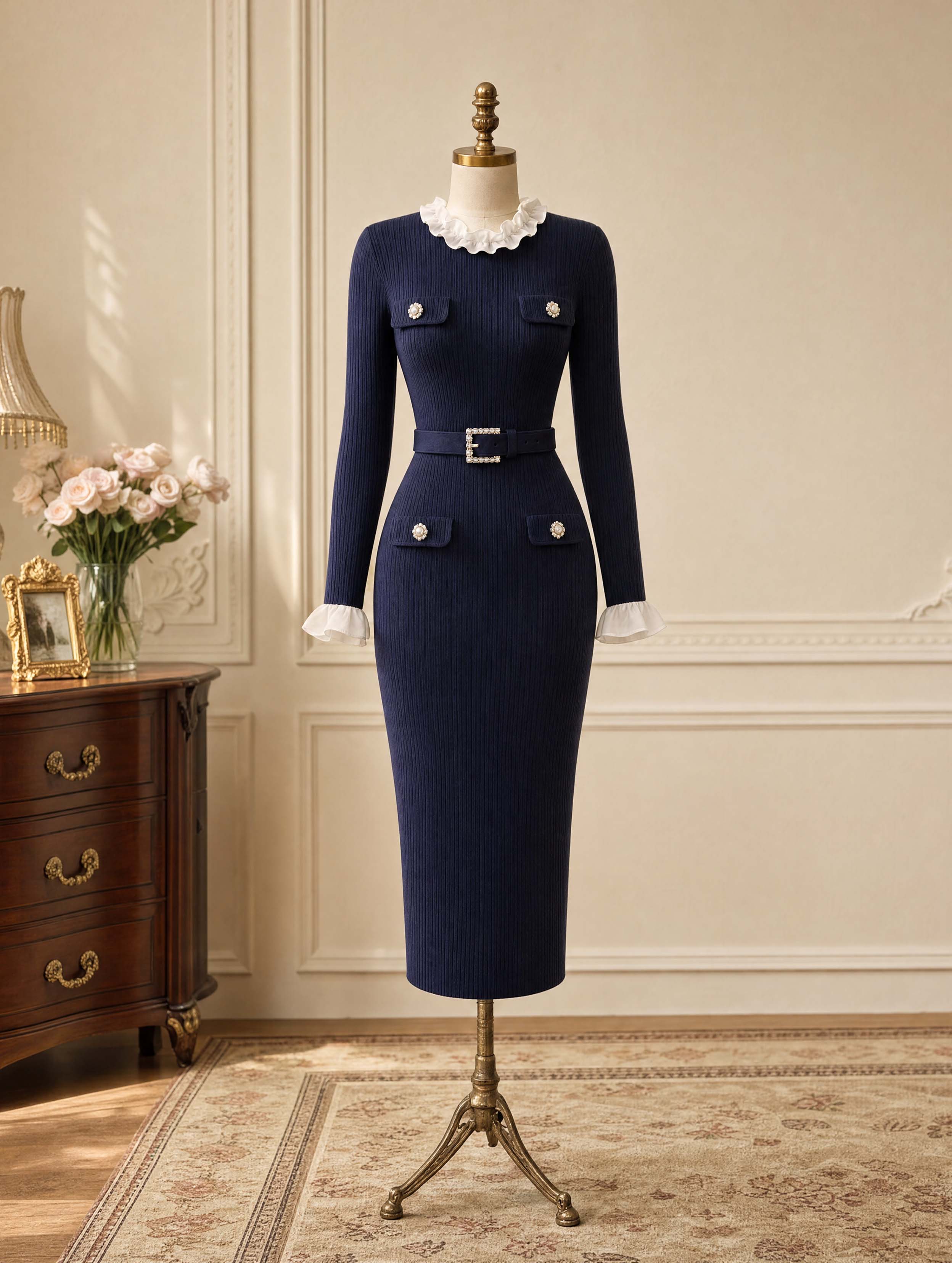 Vintage Faux Two‑Piece Knit Midi Dress