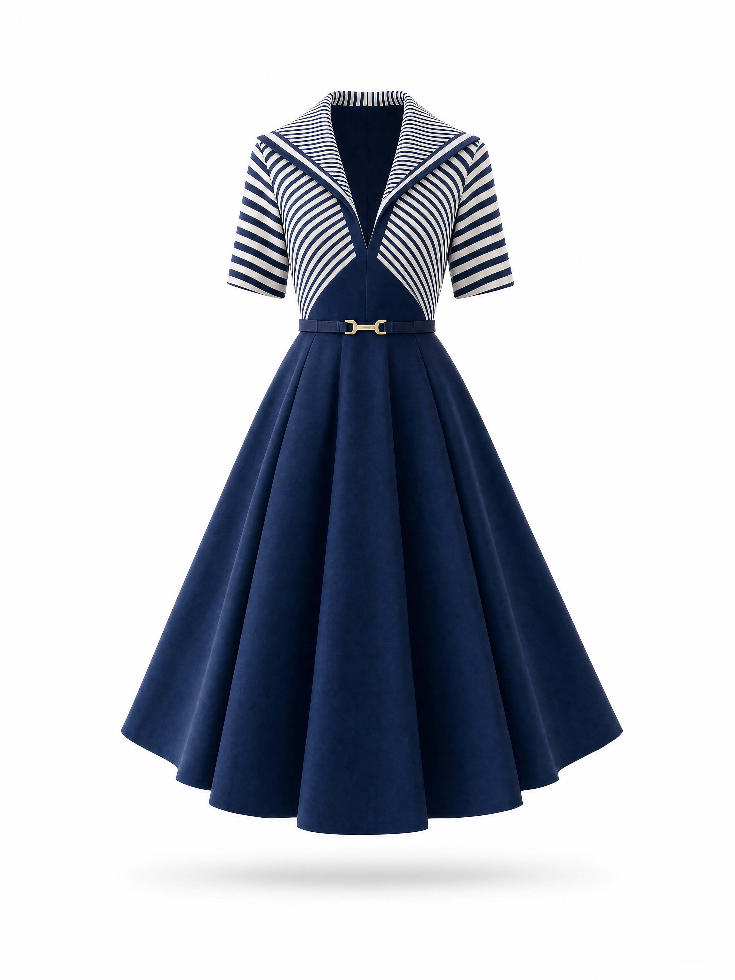 Vintage Stripe Patchwork Waist‑Fit Midi Dress