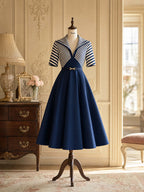 Vintage Stripe Patchwork Waist‑Fit Midi Dress