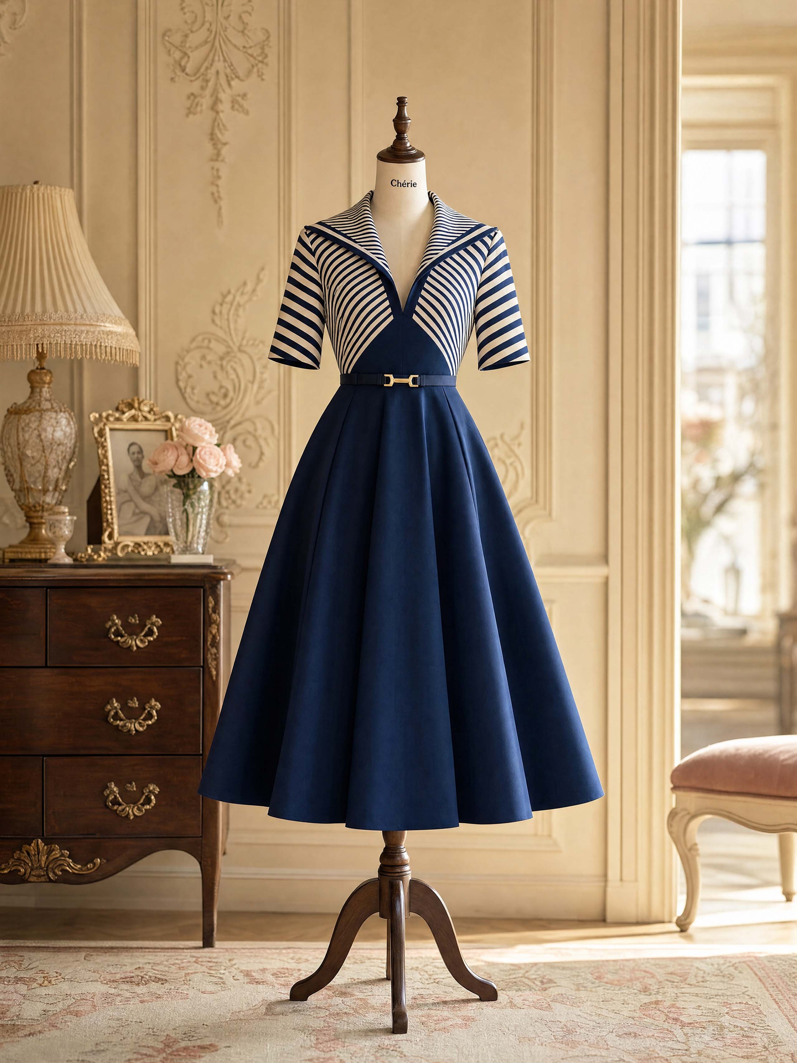 Vintage Stripe Patchwork Waist‑Fit Midi Dress