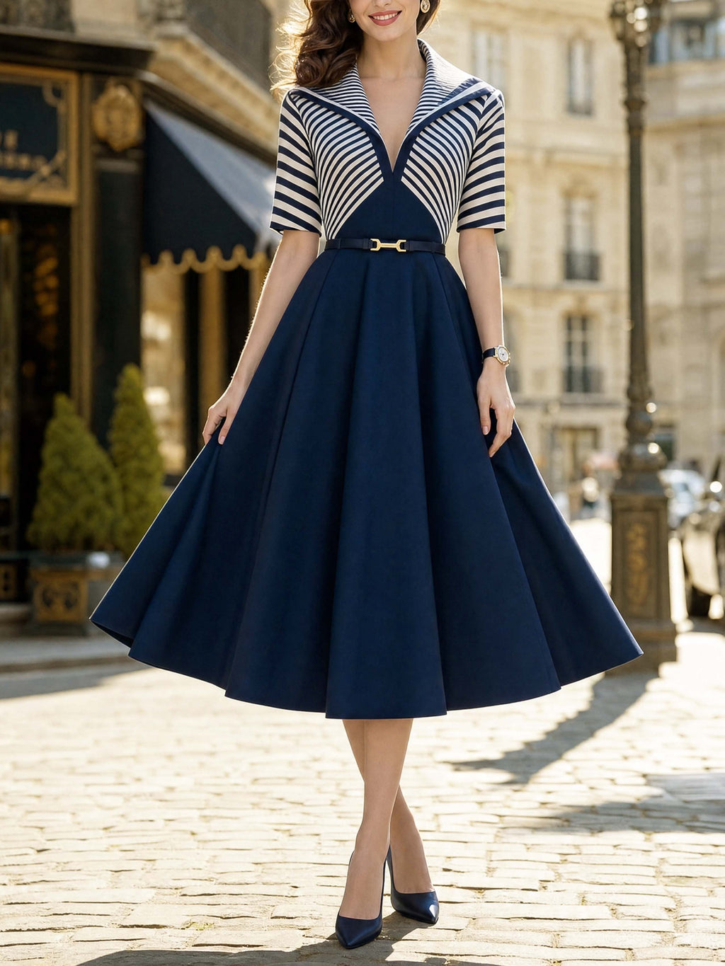 Vintage Stripe Patchwork Waist‑Fit Midi Dress