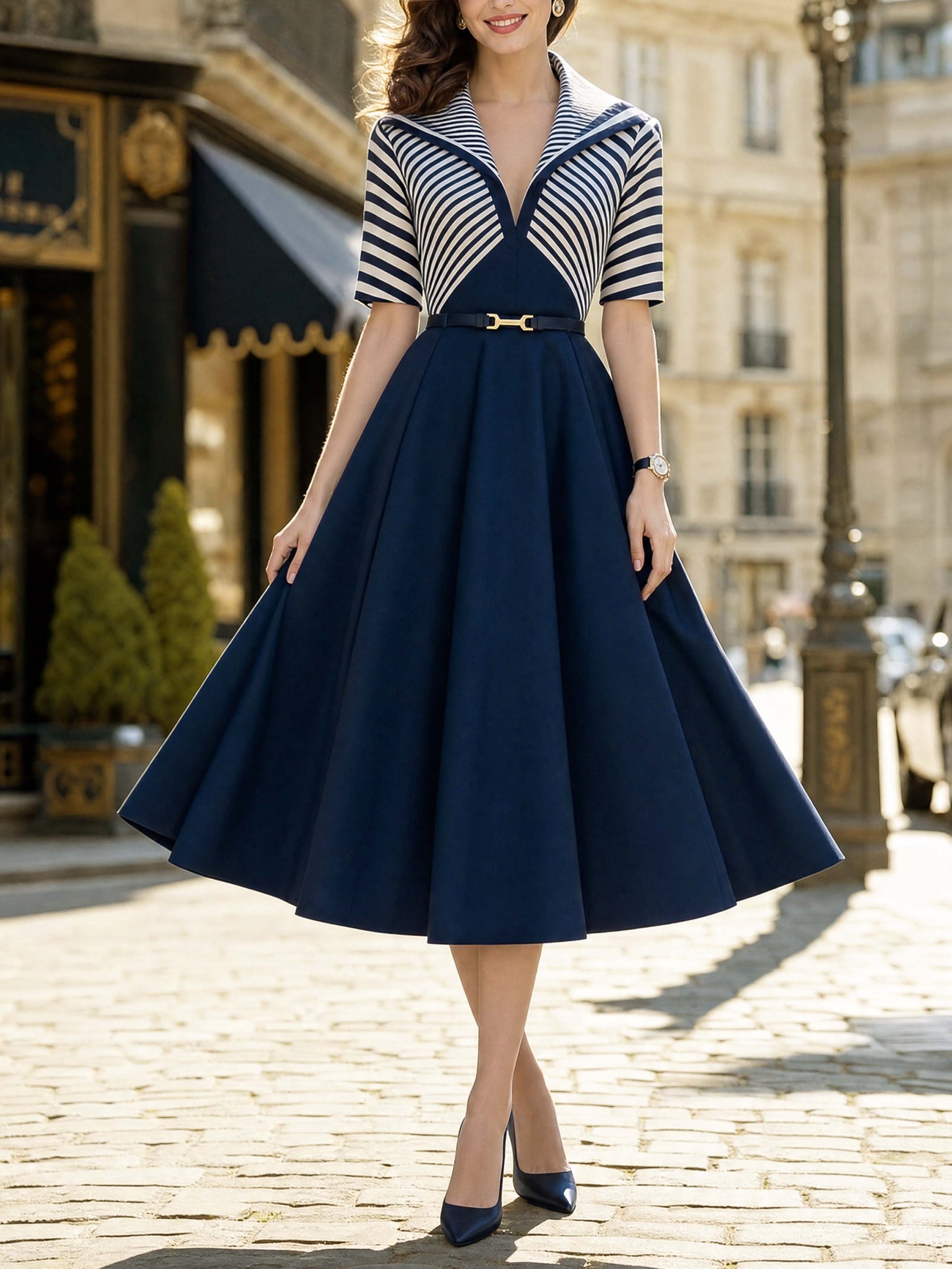Vintage Stripe Patchwork Waist‑Fit Midi Dress
