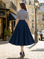 Vintage Stripe Patchwork Waist‑Fit Midi Dress