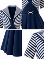 Vintage Stripe Patchwork Waist‑Fit Midi Dress