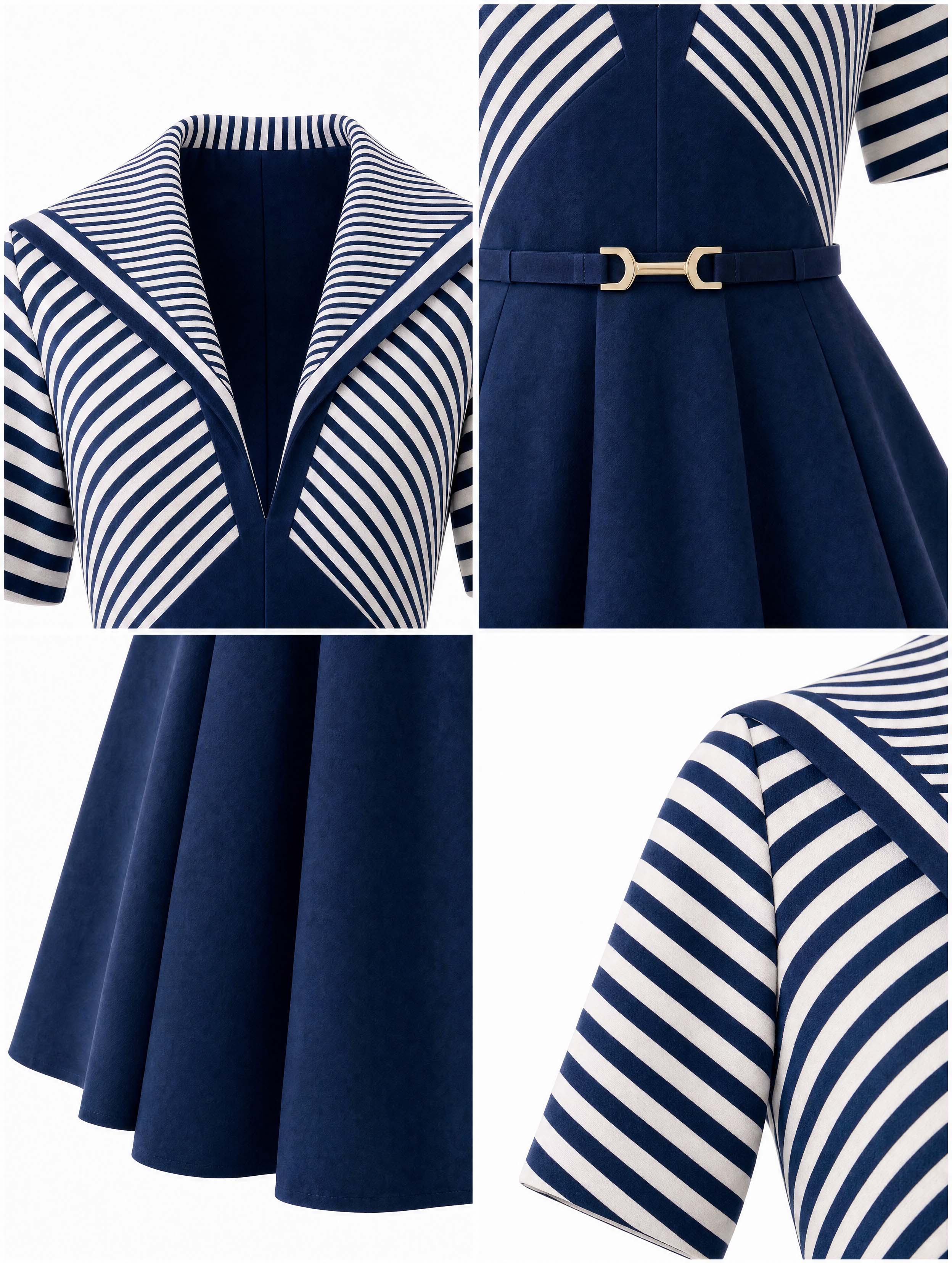 Vintage Stripe Patchwork Waist‑Fit Midi Dress