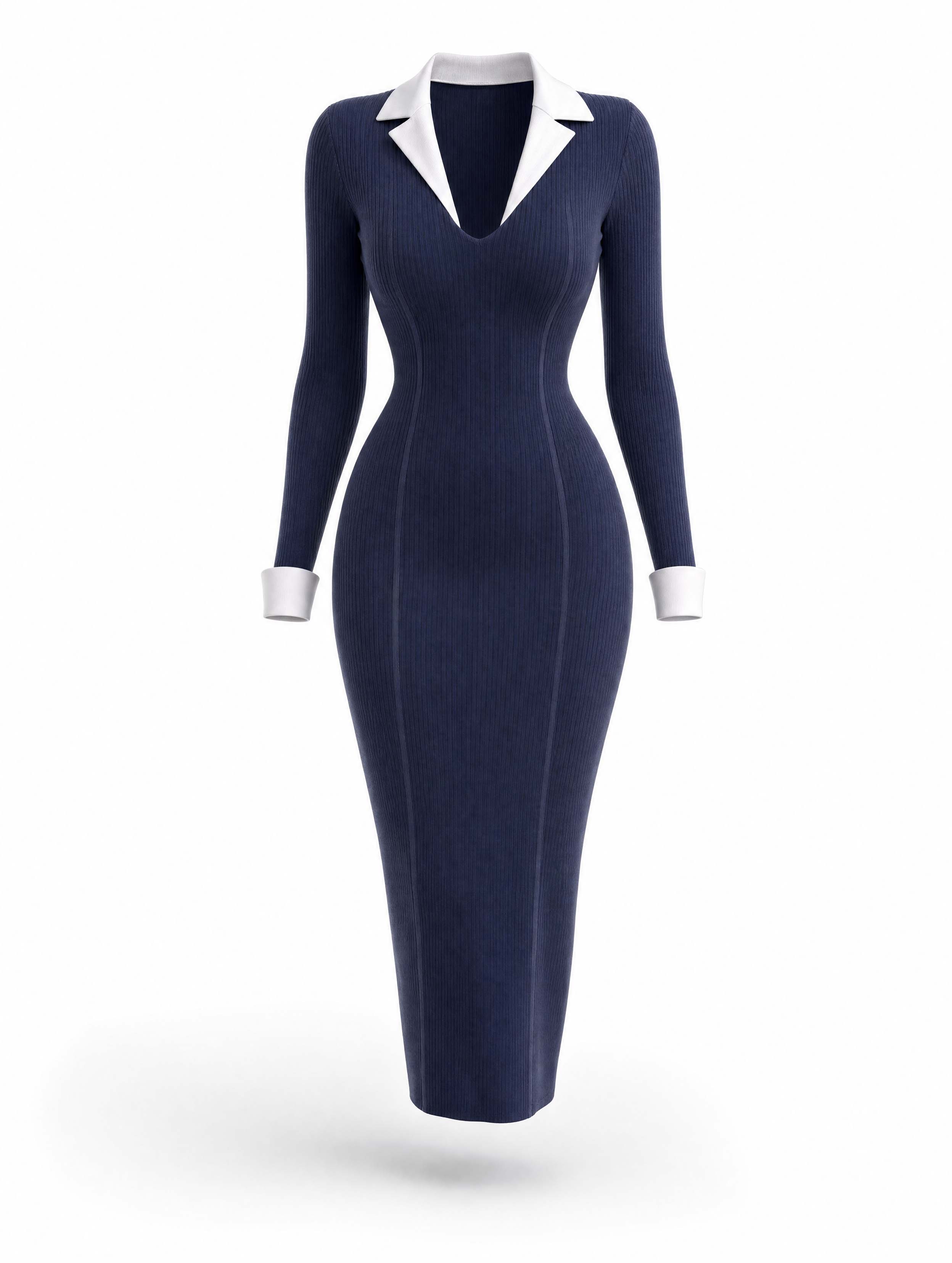 Vintage Contrast Collar Knit Midi Dress