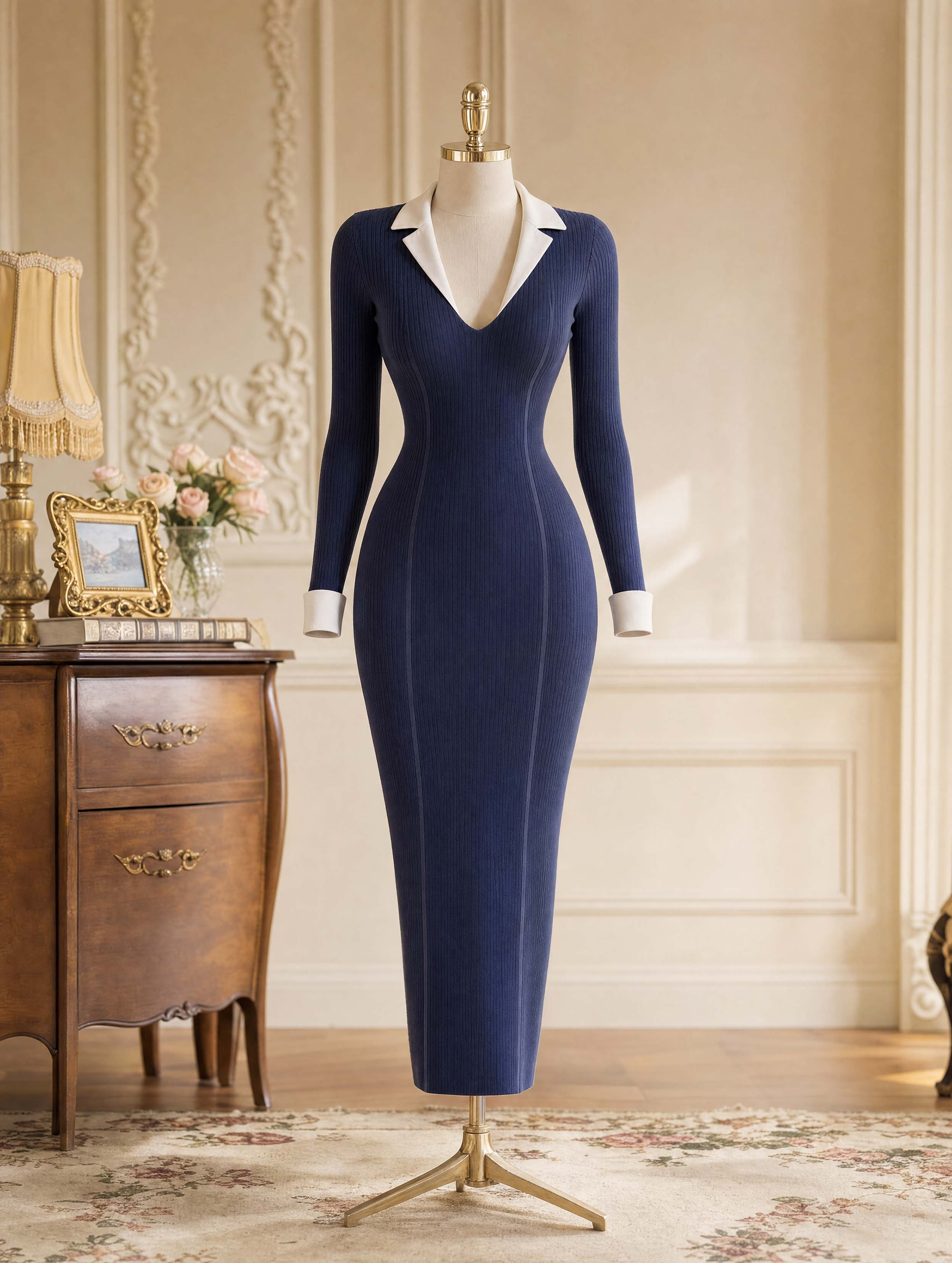 Vintage Contrast Collar Knit Midi Dress
