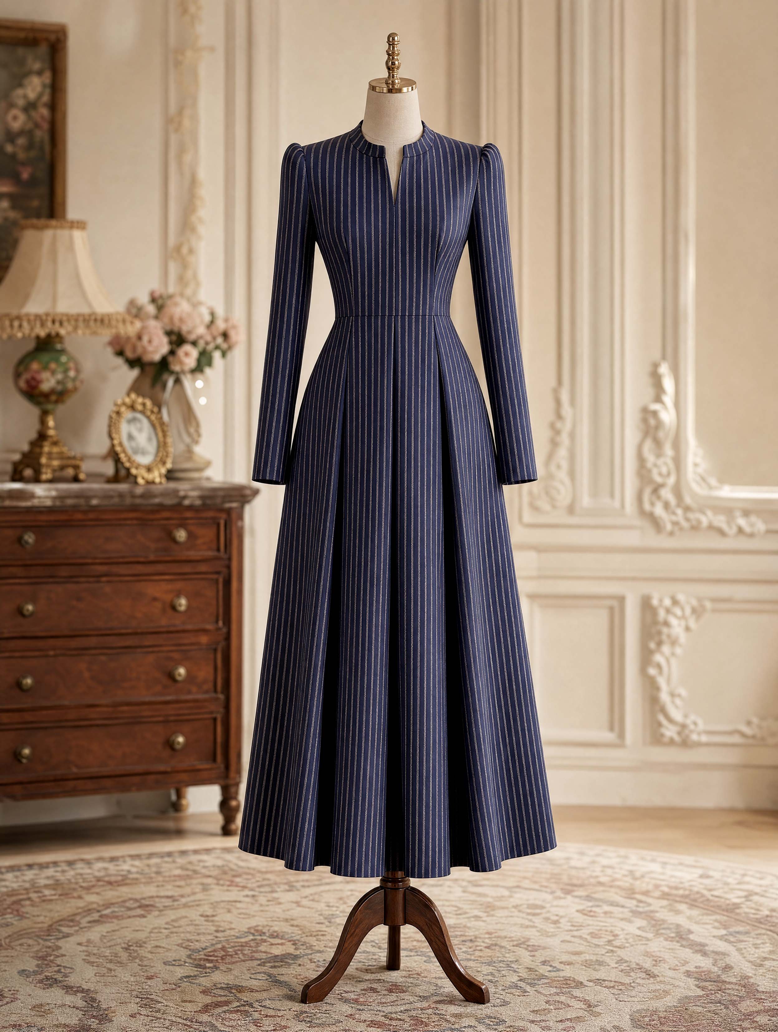Vintage Stripe V‑Neck Flare Midi Dress
