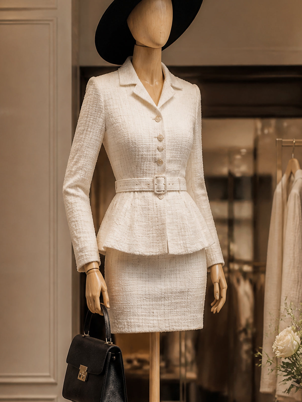Vintage Ivory Tweed Peplum Jacket & Skirt Set