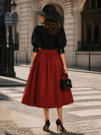 Vintage Black Red Puff-Sleeve Button-Front A-Line Dress
